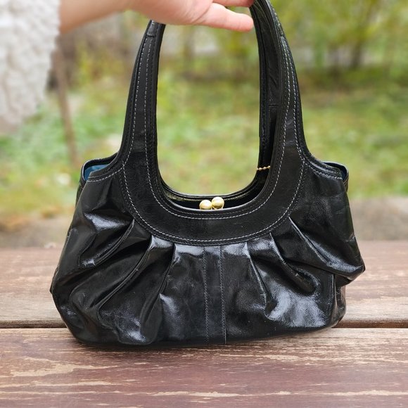 COACH Shoulder Bag Black Patent Leather Satchel Kisslock - Picture 7 of 16